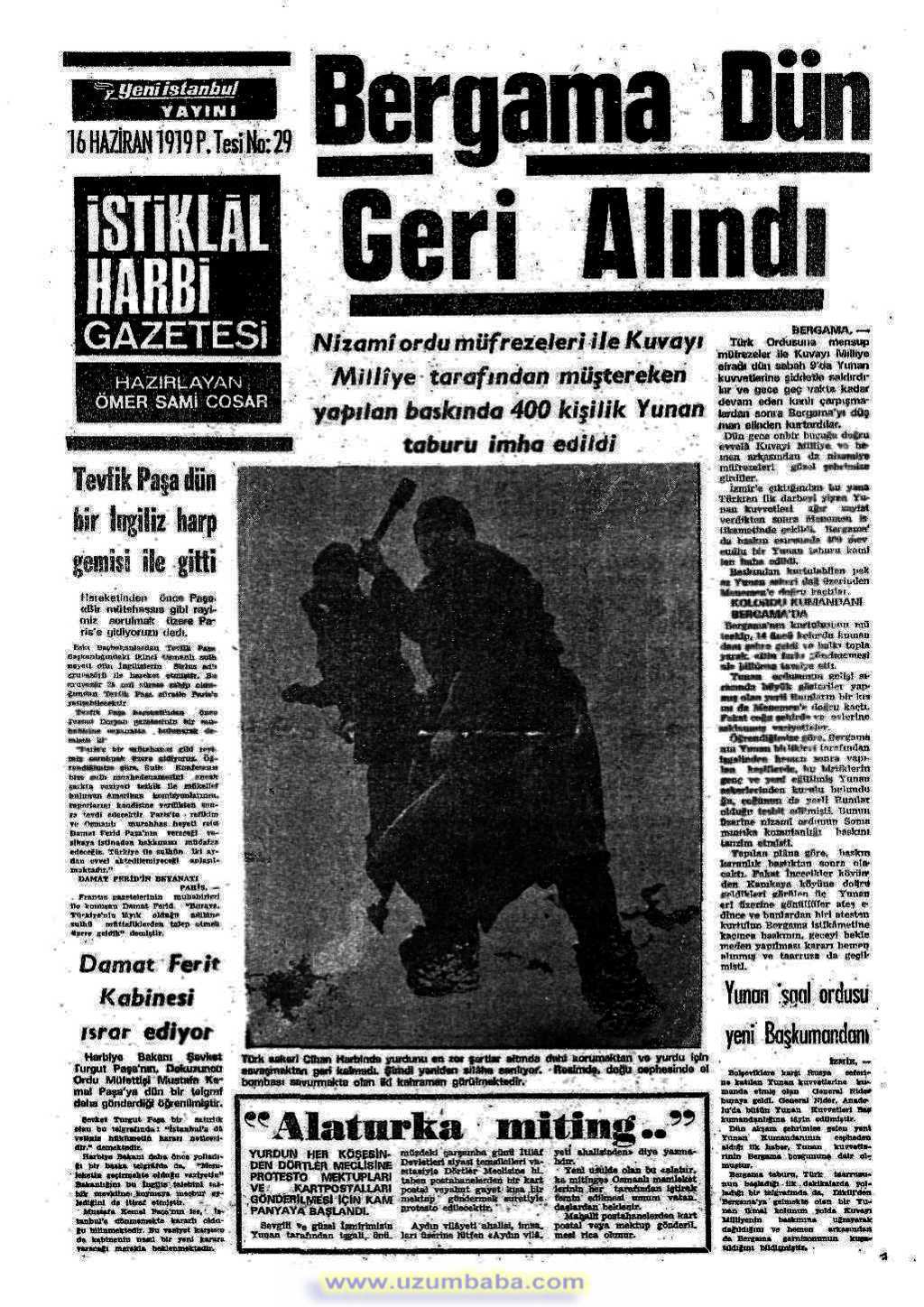 istiklal harbi gazetesi 16 haziran 1919
