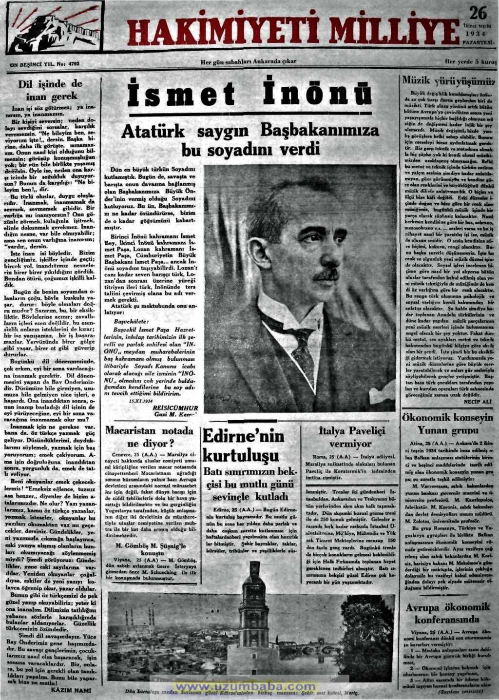 hakimiyeti milliye gazetesi 26. 2.teşrin 1934