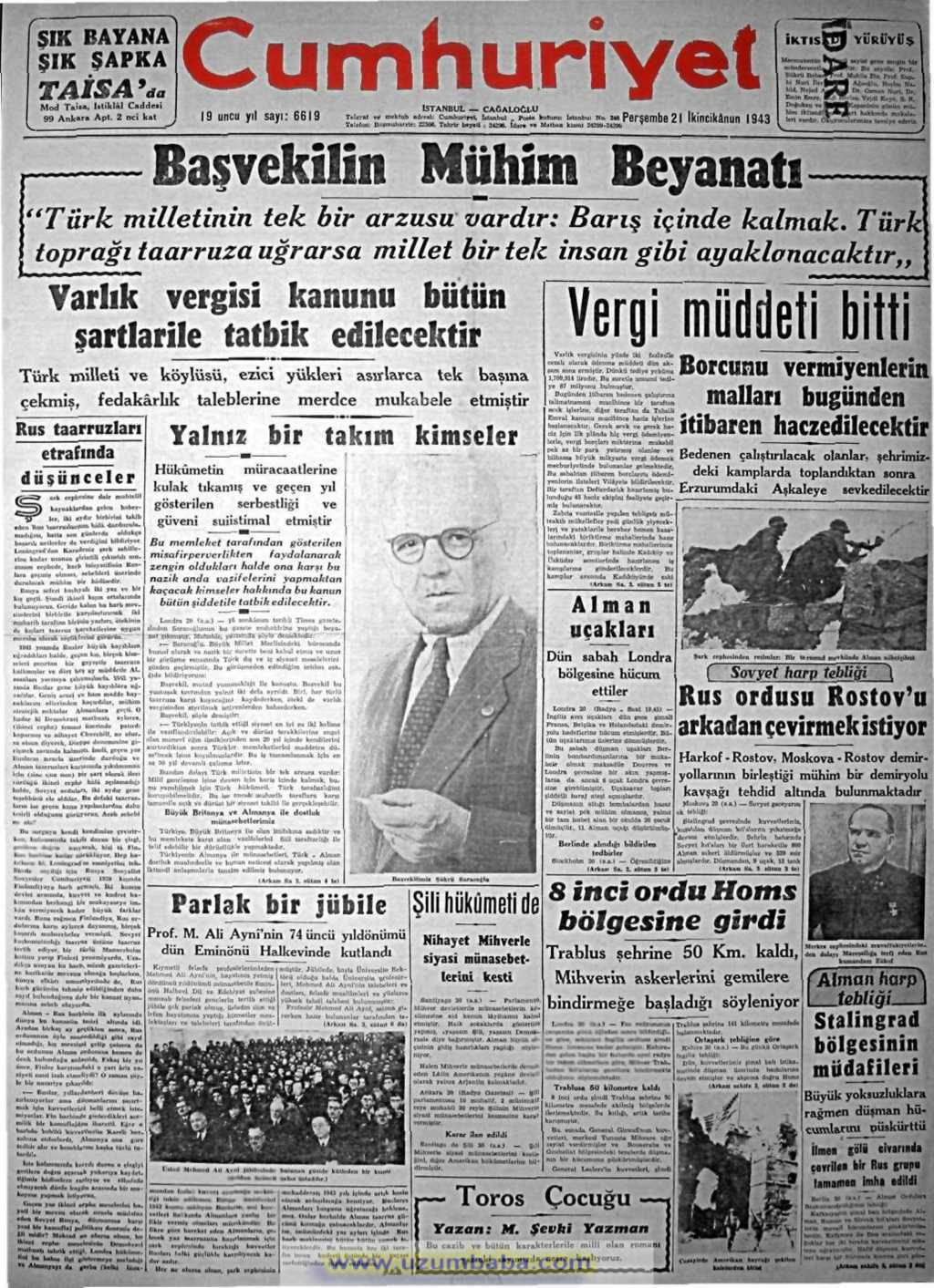 cumhuriyet gazetesi 21 2.kanun 1943