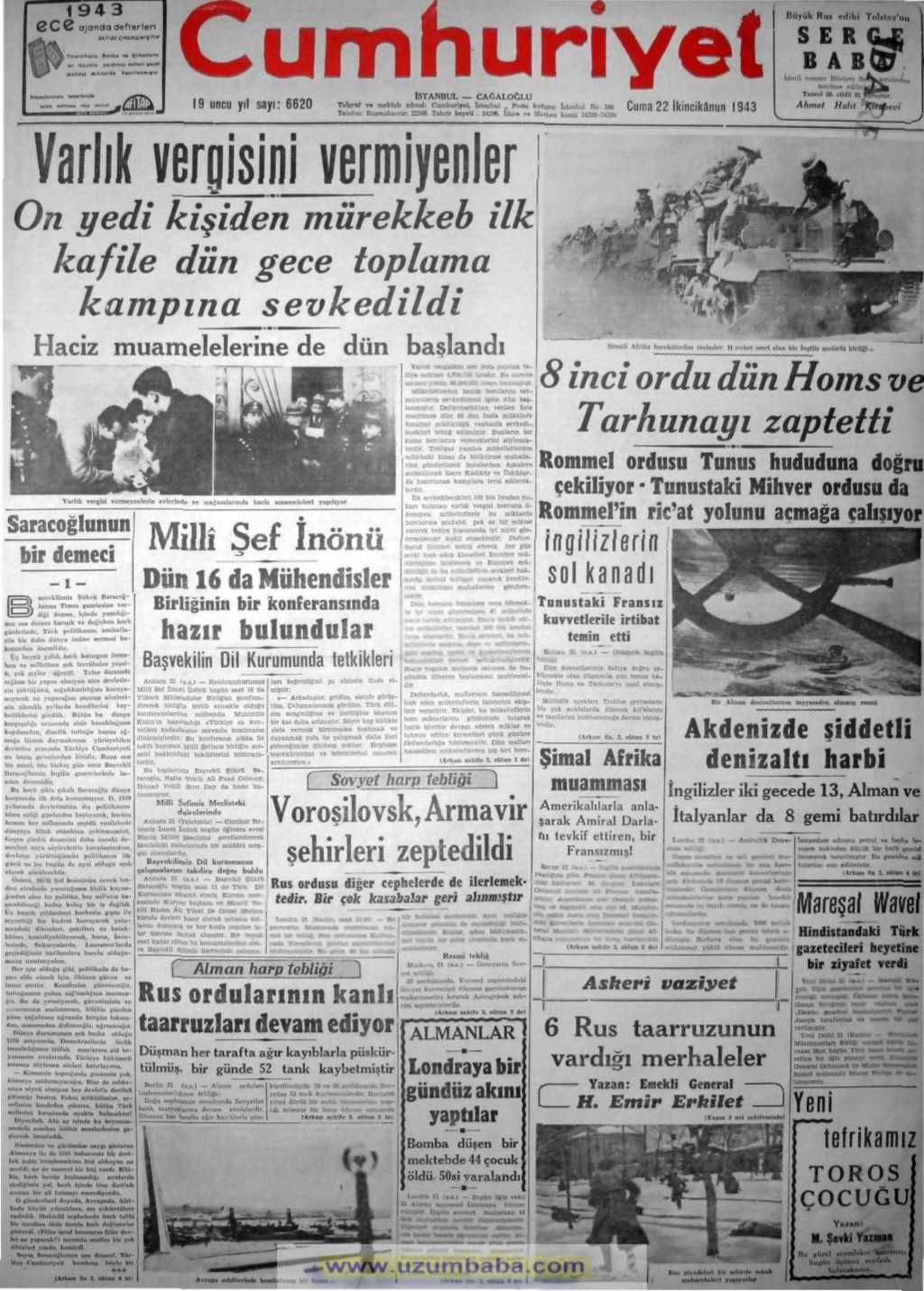 cumhuriyet gazetesi 22 ikinci kanun 1943