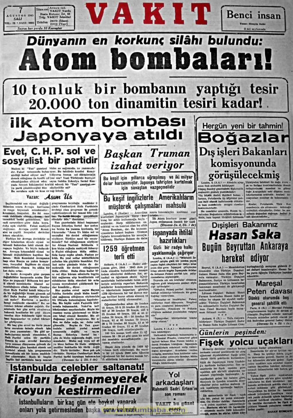 vakit gazetesi 7 ağustos 1945