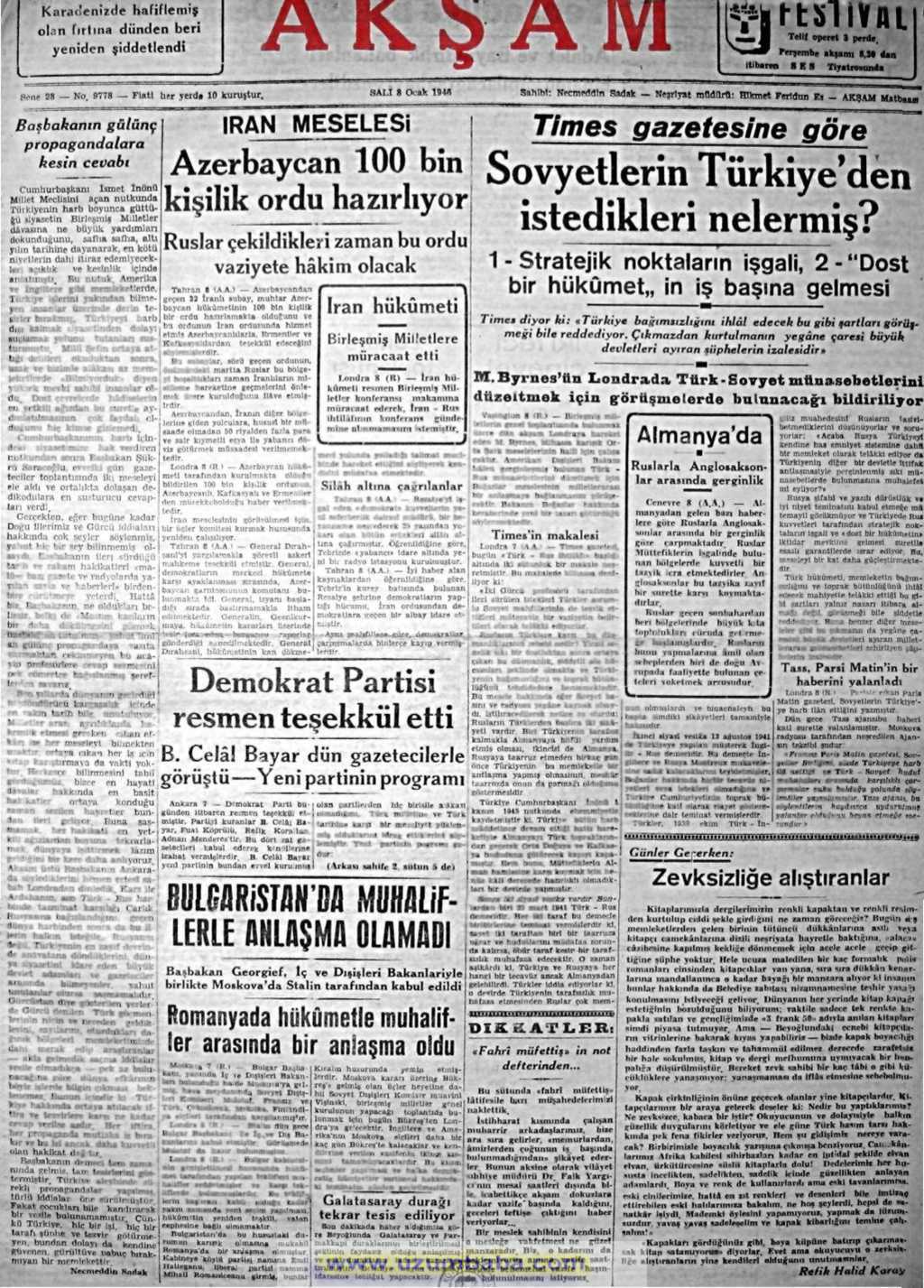 Akşam gazetesi 8 ocak 1946
