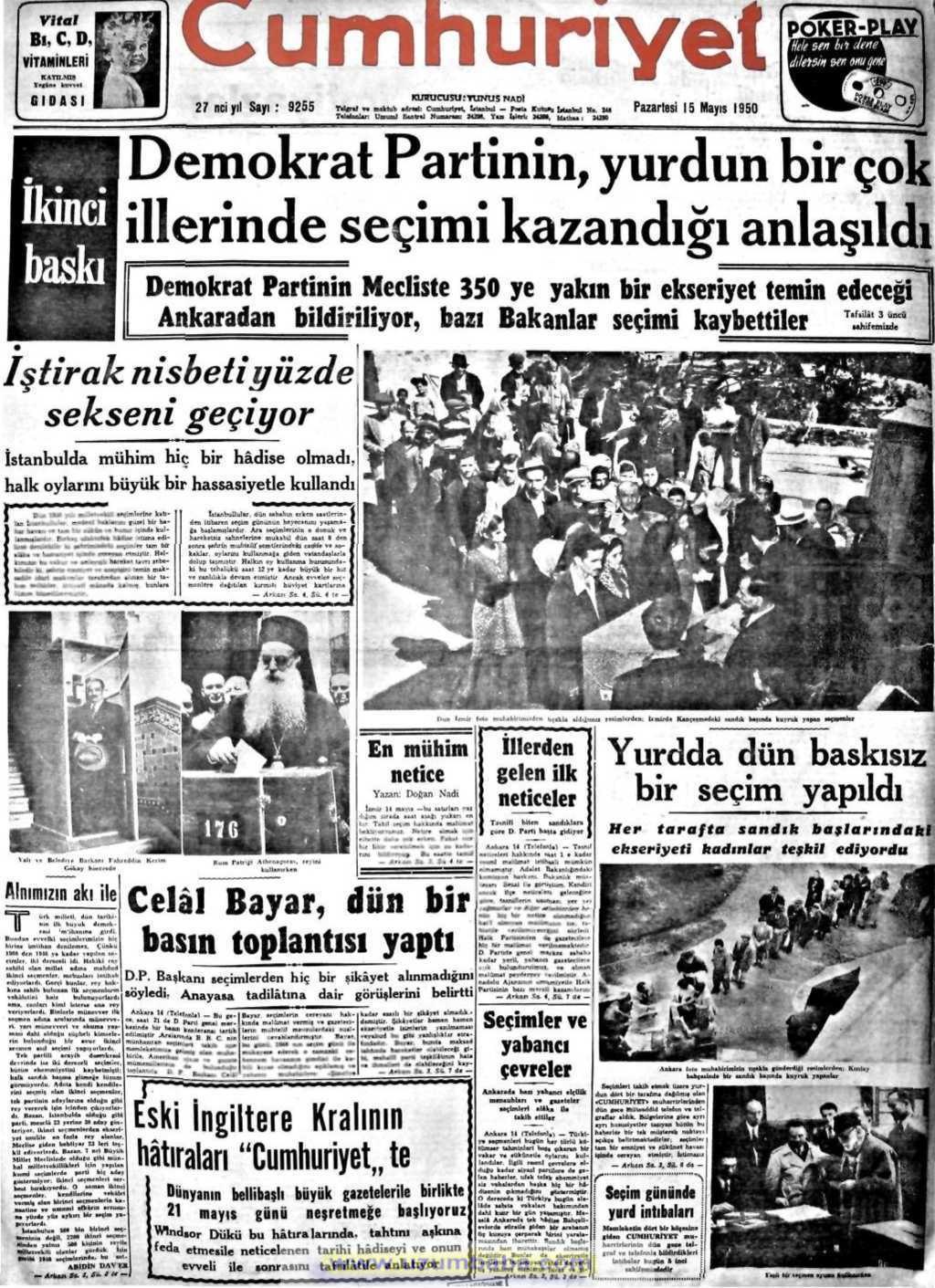 Cumhuriyet gazetesi 15 mayıs 1950