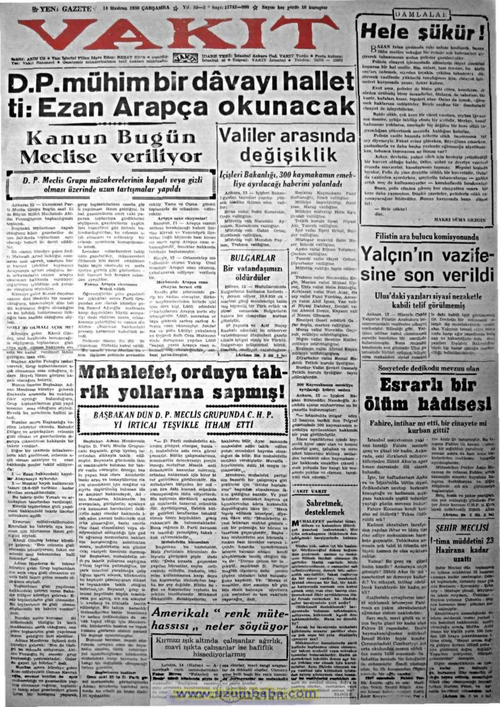 Vakit gazetesi 14 haziran 1950