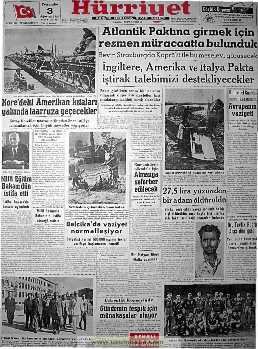 Hürriyet gazetesi 3 ağustos 1950