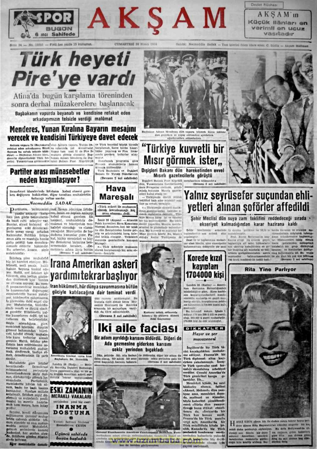 Akşam gazetesi 26 nisan 1952