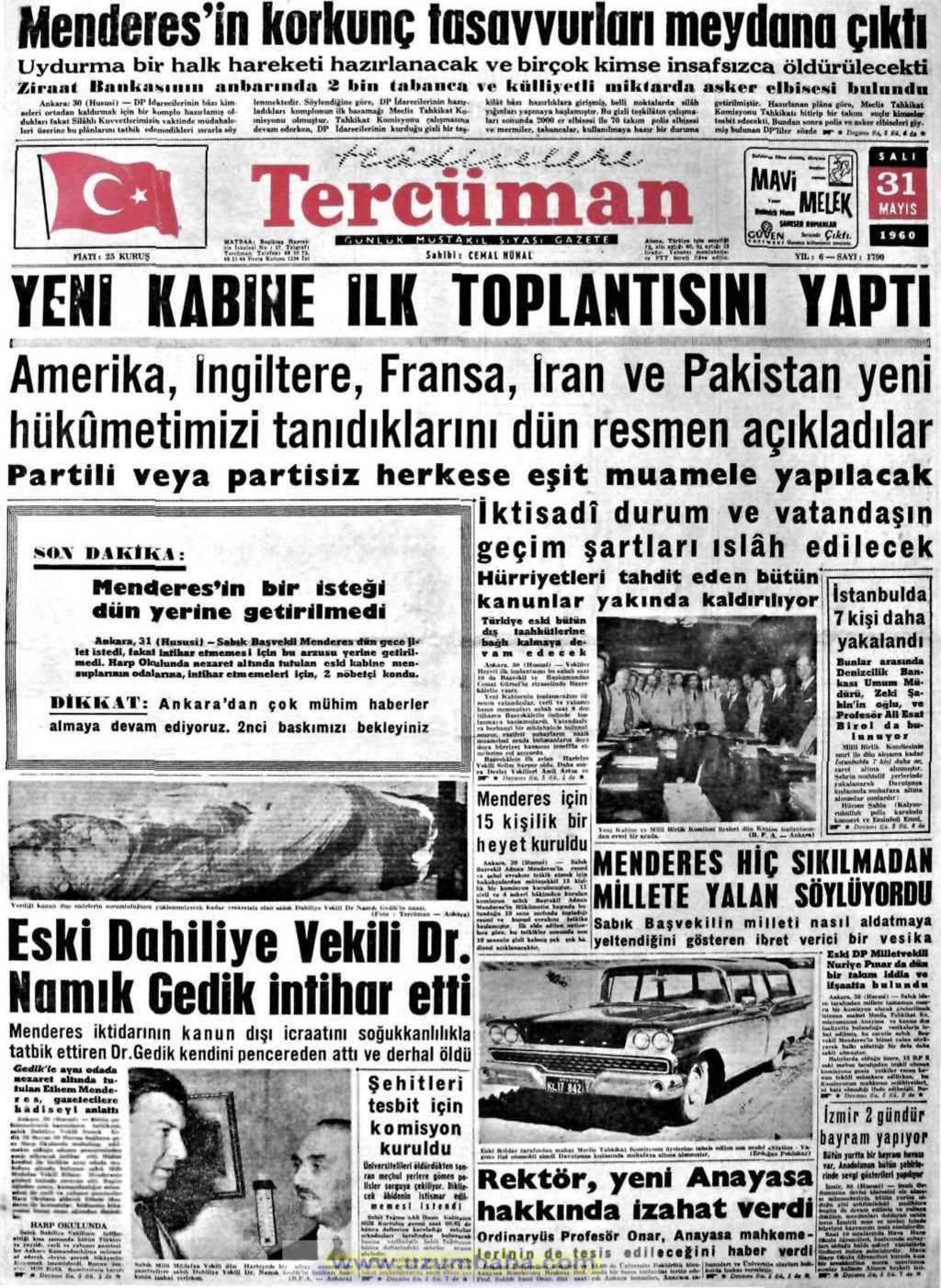 Tercüman gazetesi 31 mayıs 1960