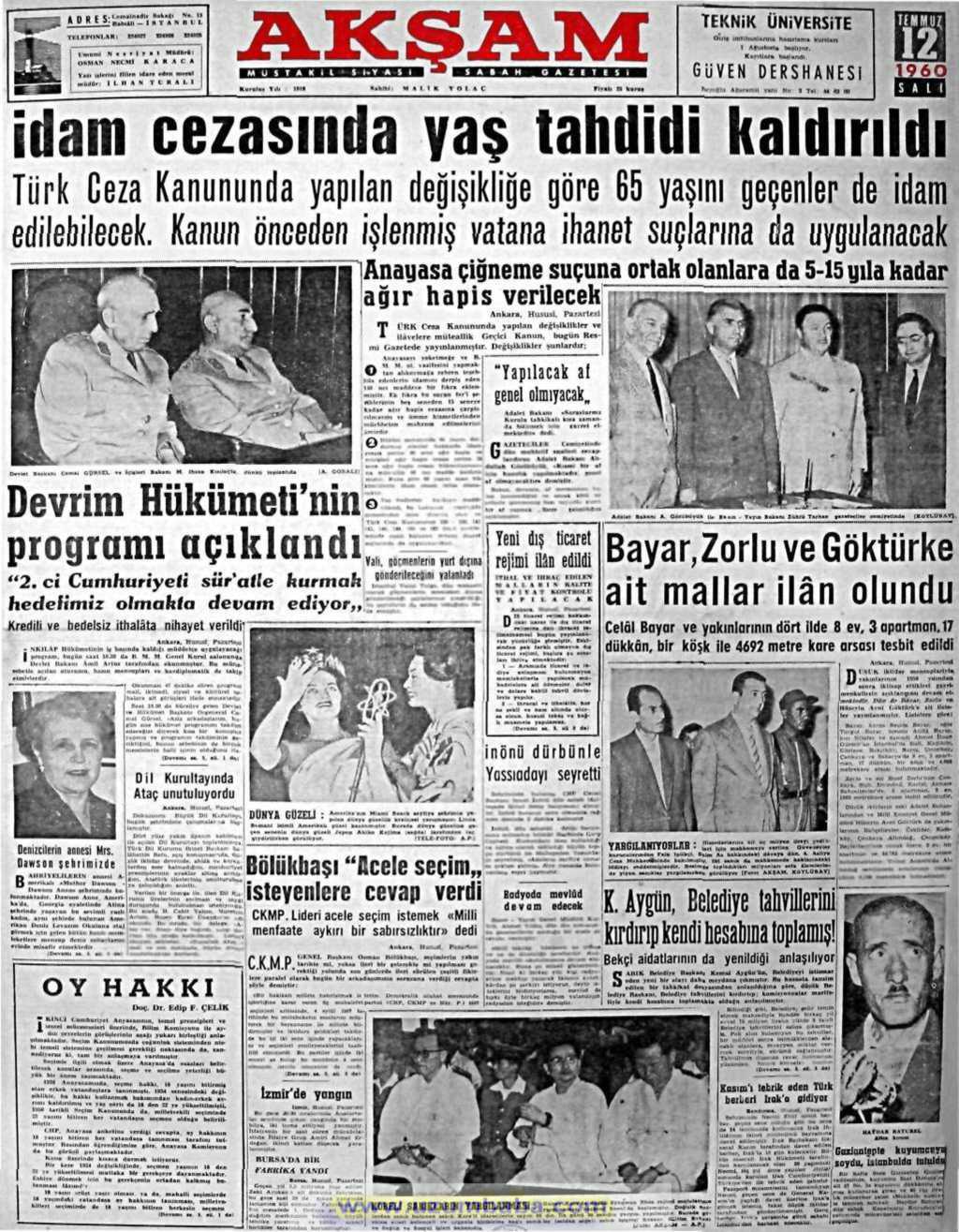 Akşam gazetesi 12 temmuz 1960