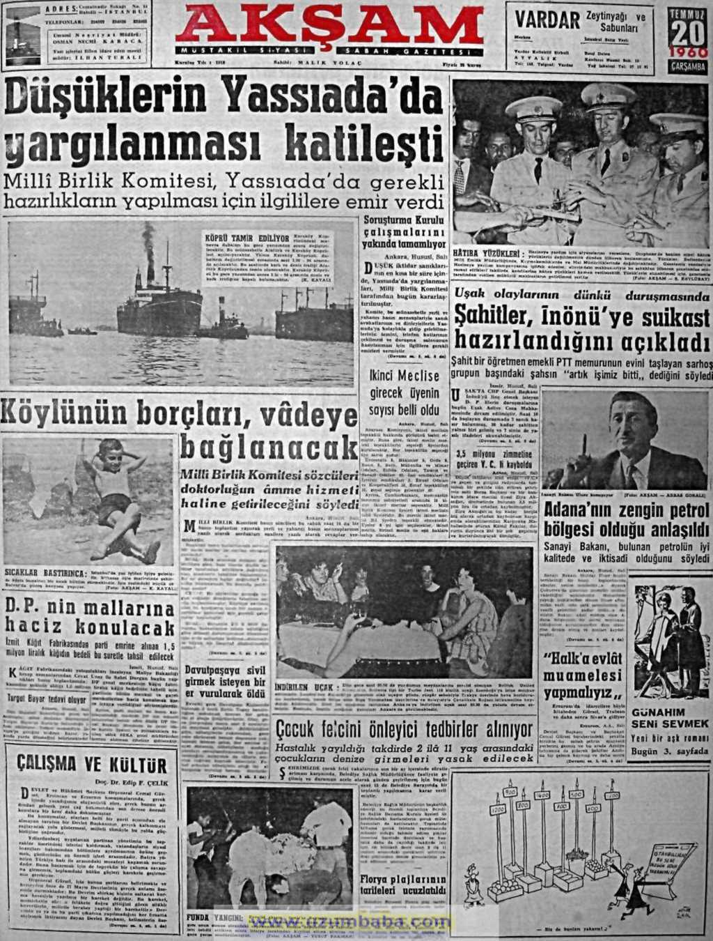 Akşam gazetesi 20 temmuz 1960