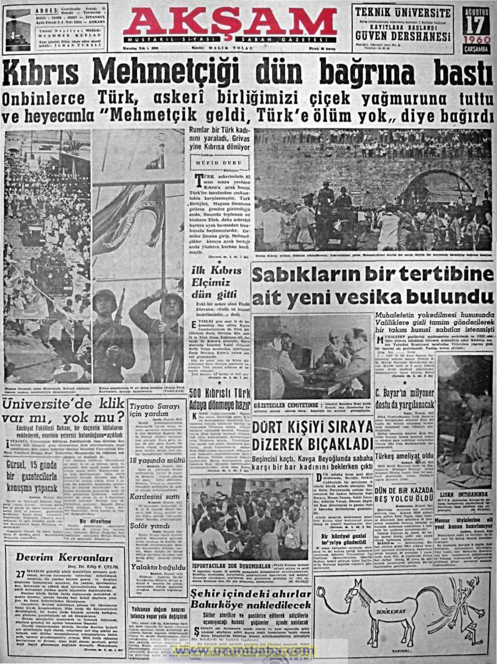 Akşam gazetesi 17 ağustos 1960