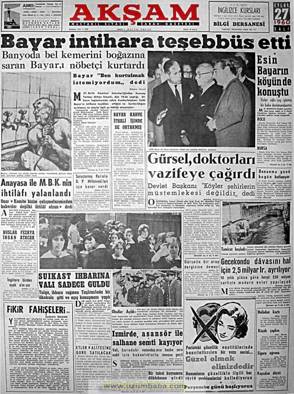 Akşam gazetesi 27 eylül 1960