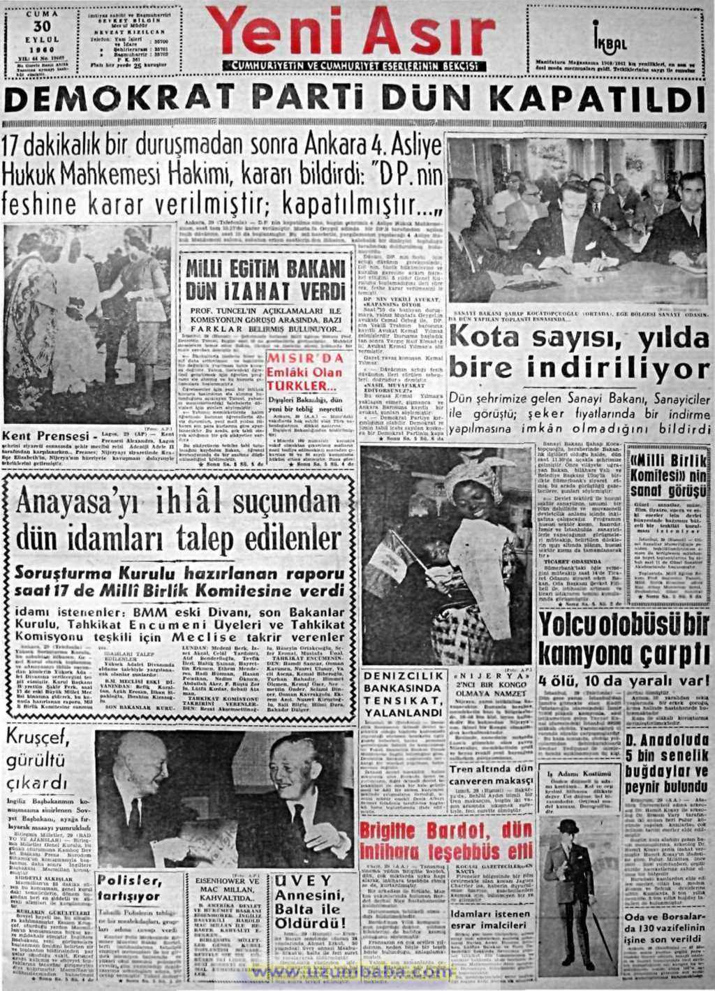 Yeni asır gazetesi 30 eylül 1960