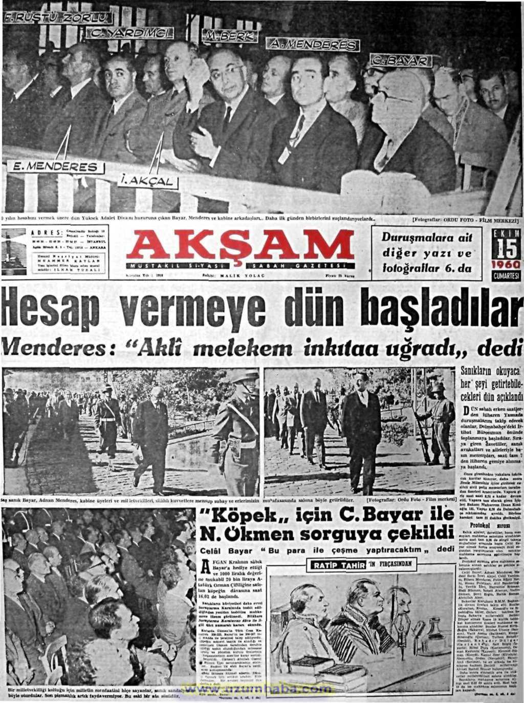 Akşam gazetesi 15 ekim 1960