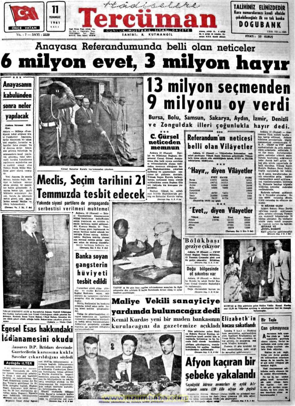 Tercüman gazetesi 11 temmuz 1961