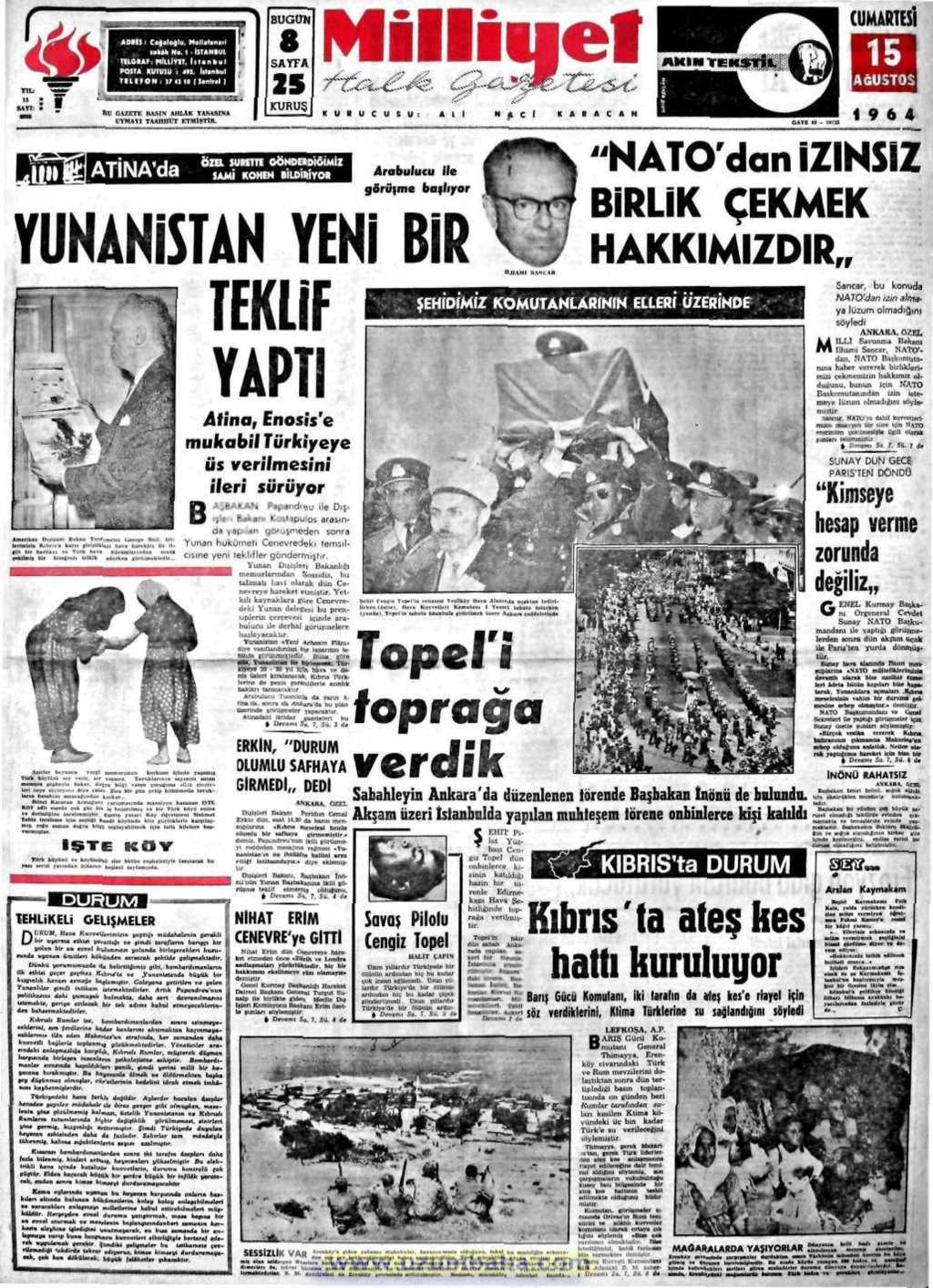 Milliyet gazetesi 15 ağustos 1964
