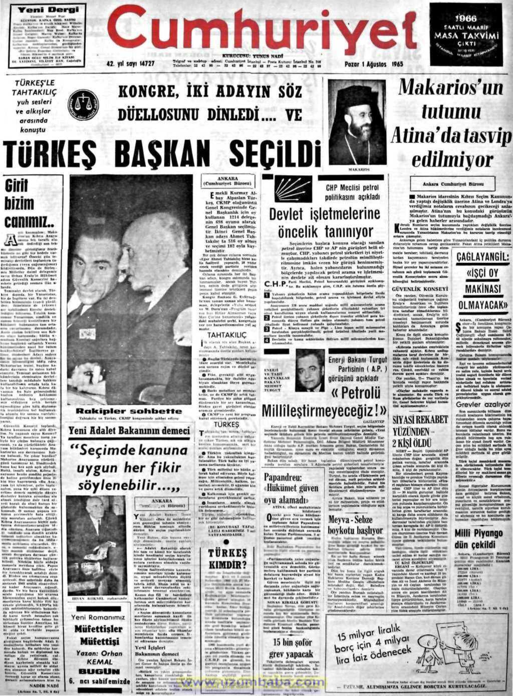 Cumhuriyet gazetesi 1 ağustos 1965