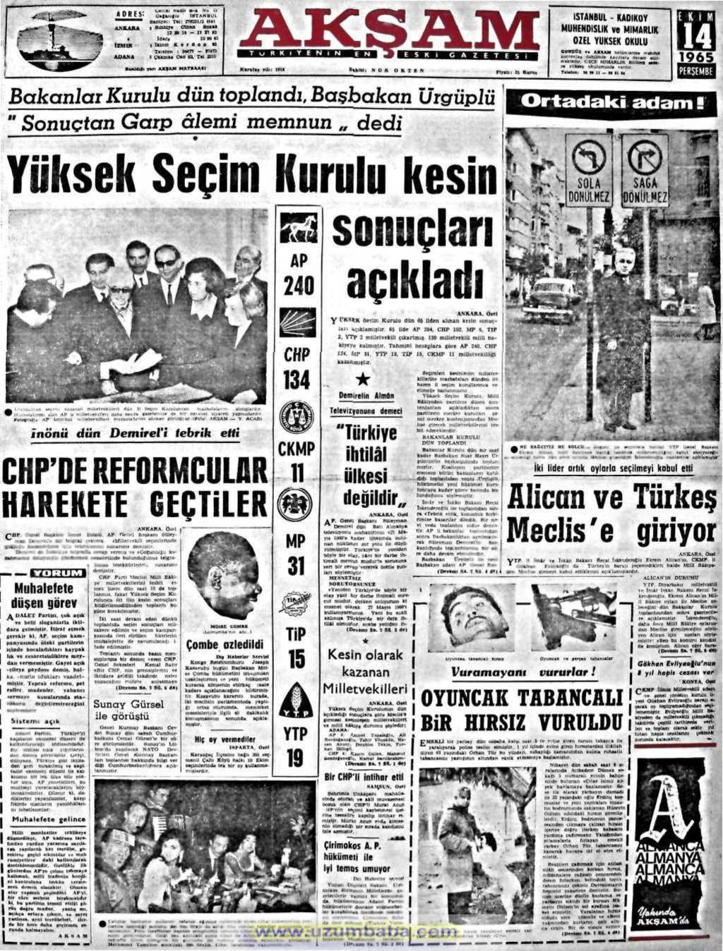 Akşam gazetesi 14 ekim 1965