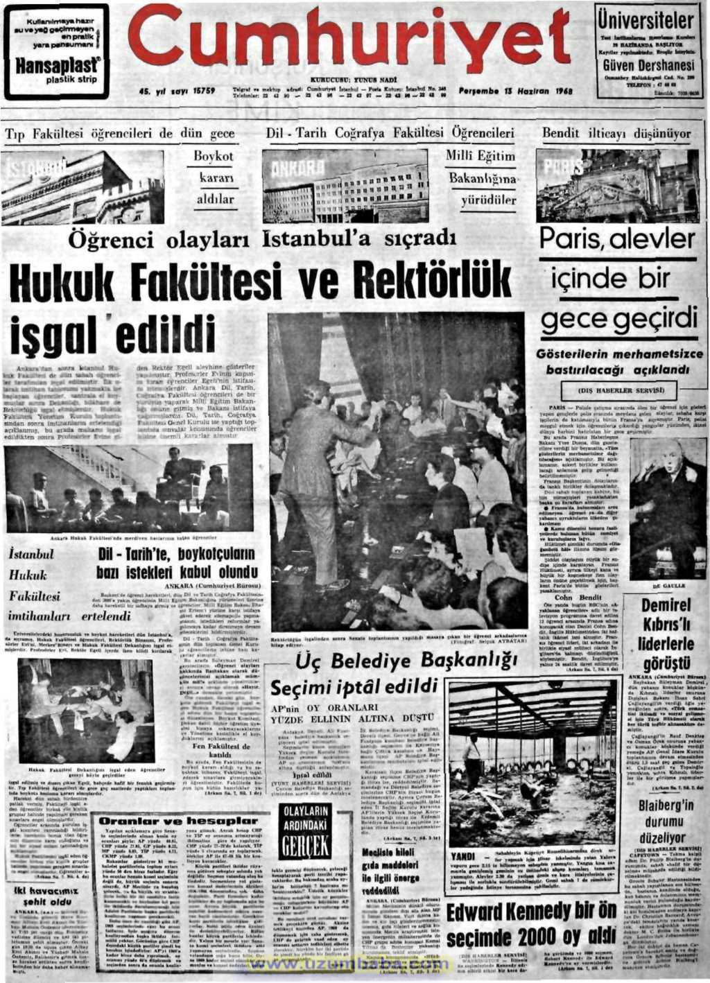 Cumhuriyet gazetesi 13 haziran 1968