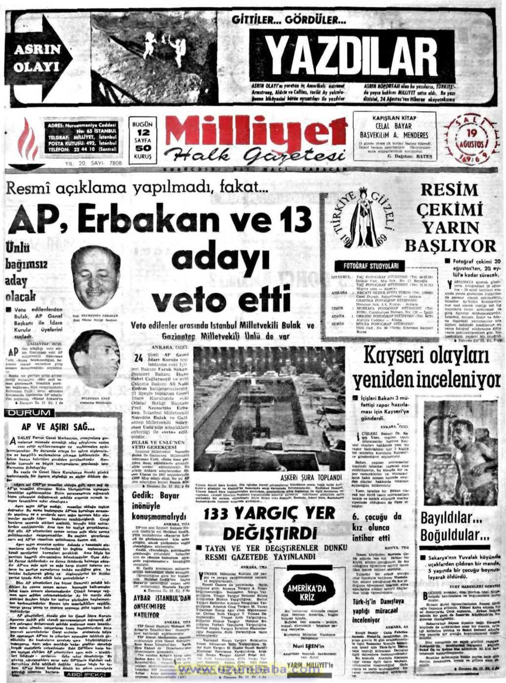 Milliyet gazetesi 19 ağustos 1969