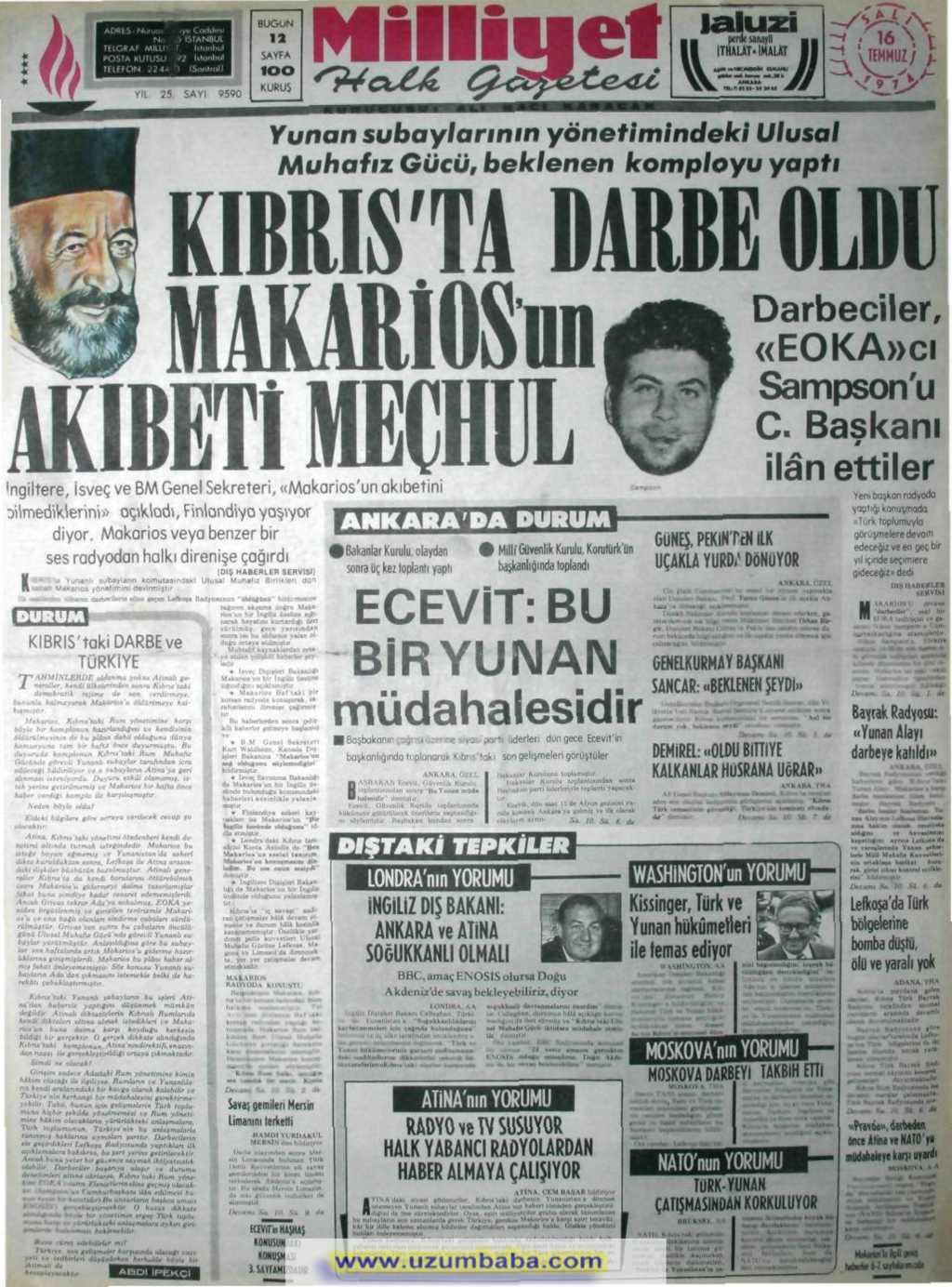 Milliyet gazetesi 16 temmuz 1974
