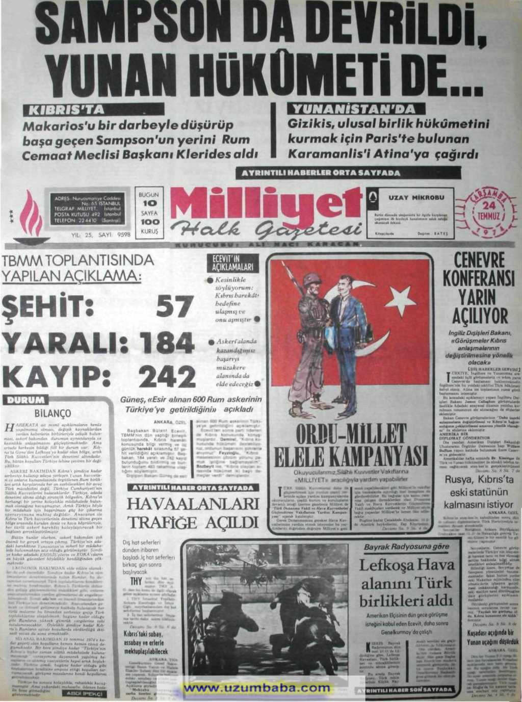 Milliyet gazetesi 24 temmuz 1974