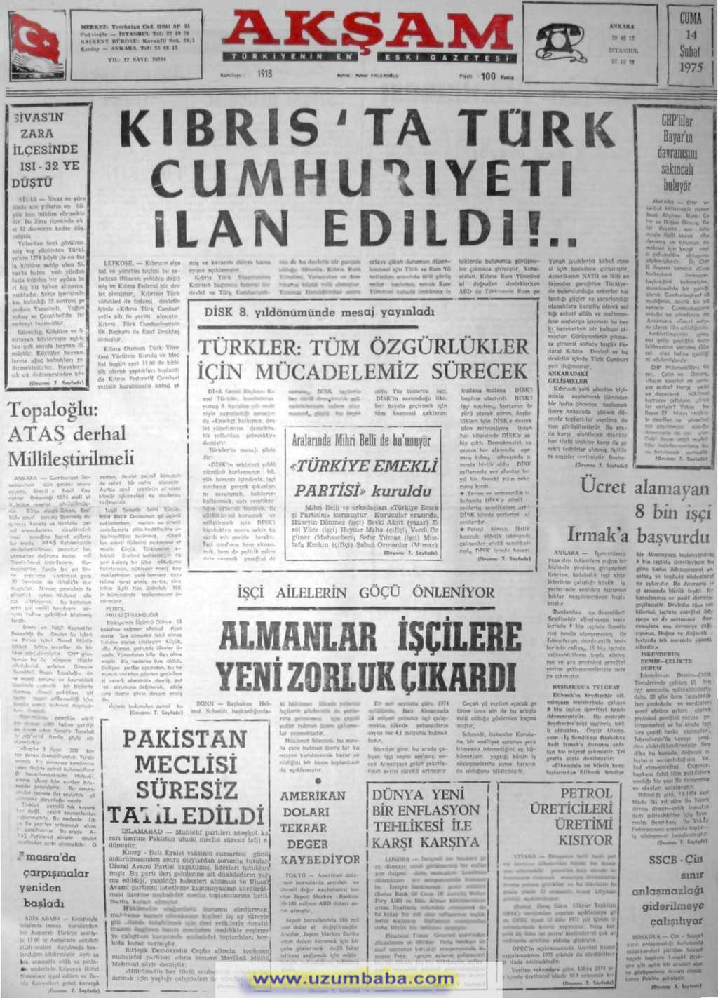 Akşam gazetesi 14 şubat 1975