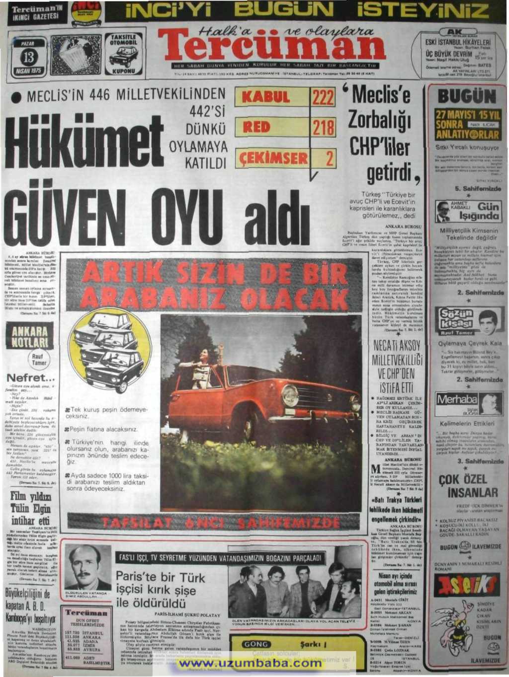 Tercüman gazetesi 13 nisan 1975