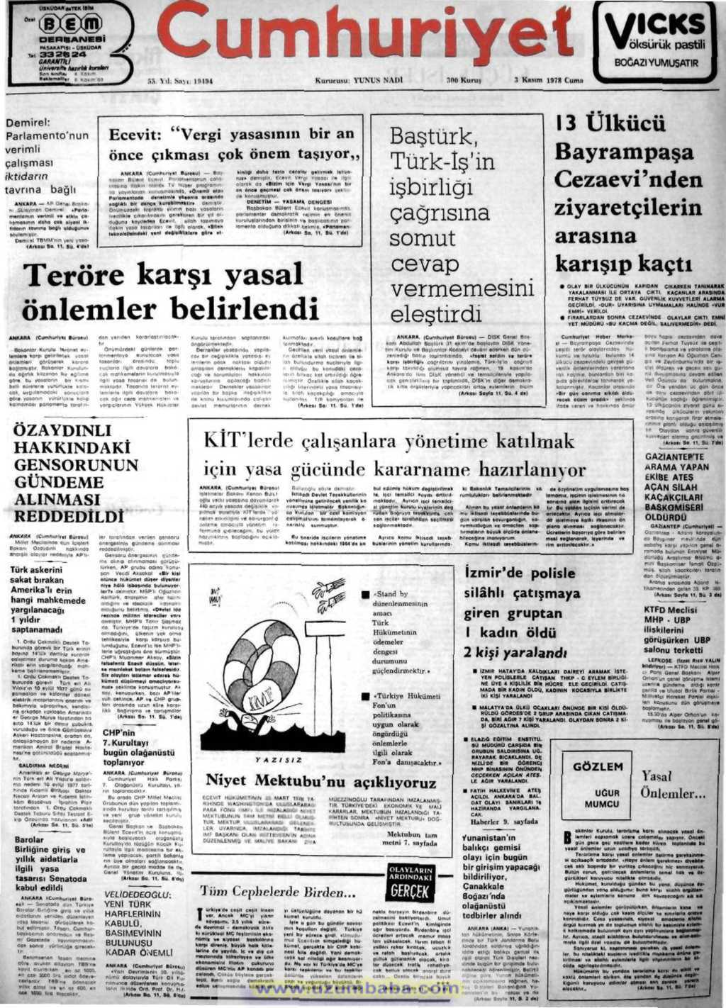Cumhuriyet gazetesi 3 kasım 1978