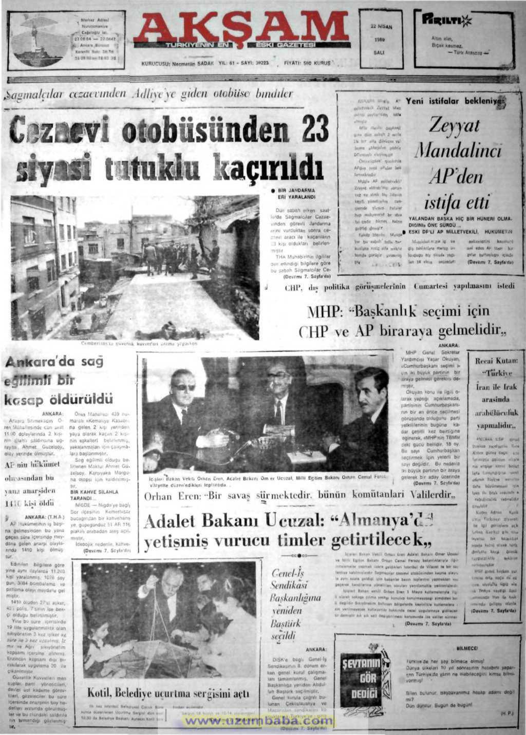 Akşam gazetesi 22 nisan 1980
