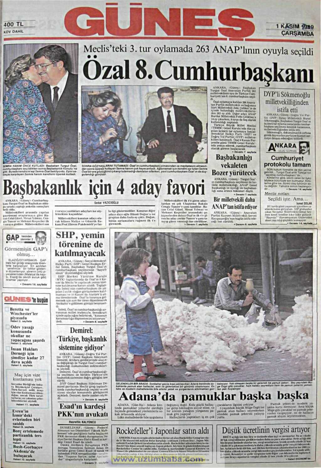Güneş gazetesi 1 kasım 1989