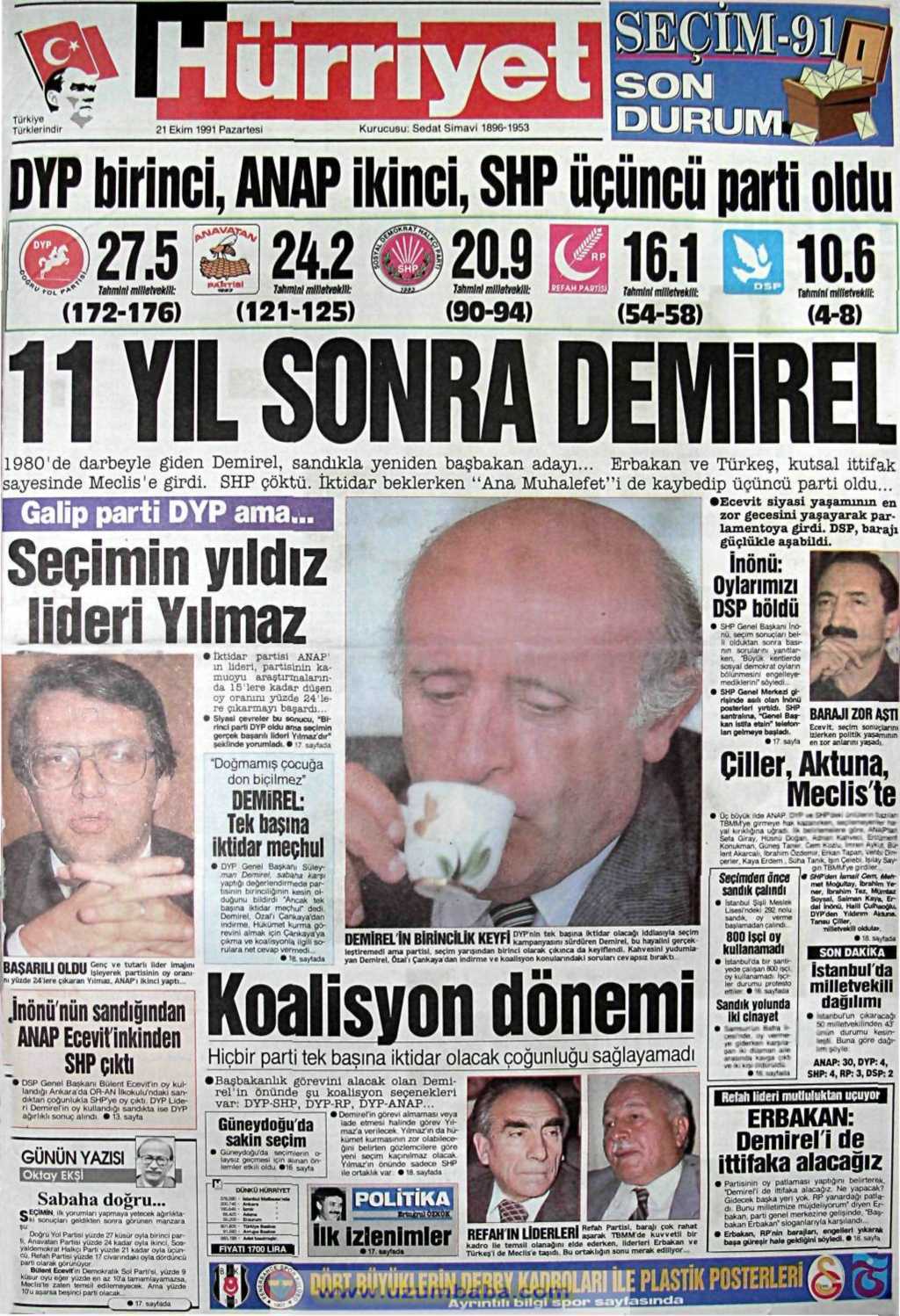 Hürriyet gazetesi 21 ekim 1991