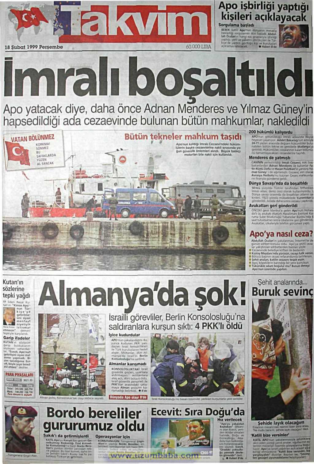 Takvim gazetesi 18 şubat 1999